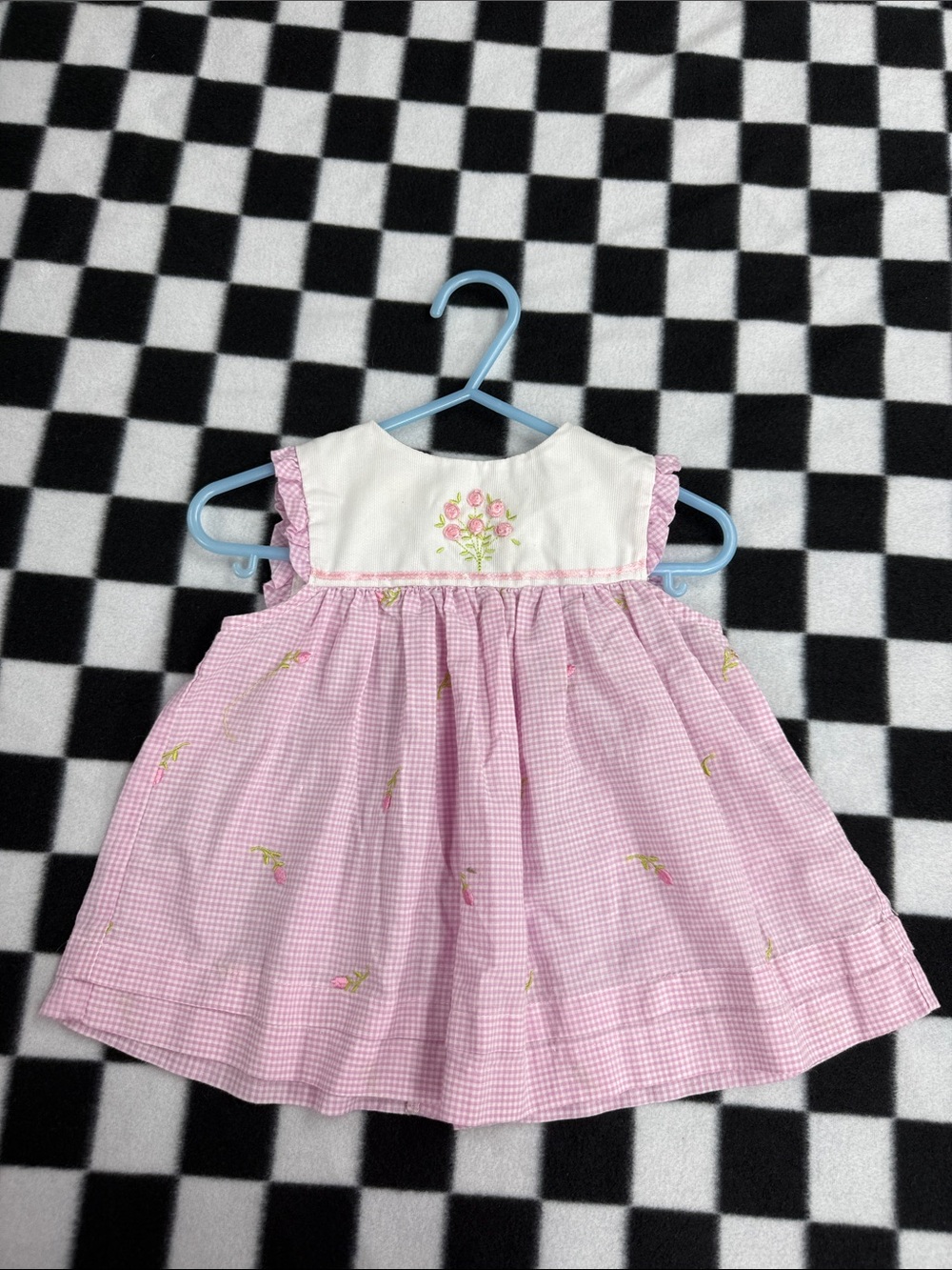 Pink Gingham Baby Dress with Embroidered Floral Yoke